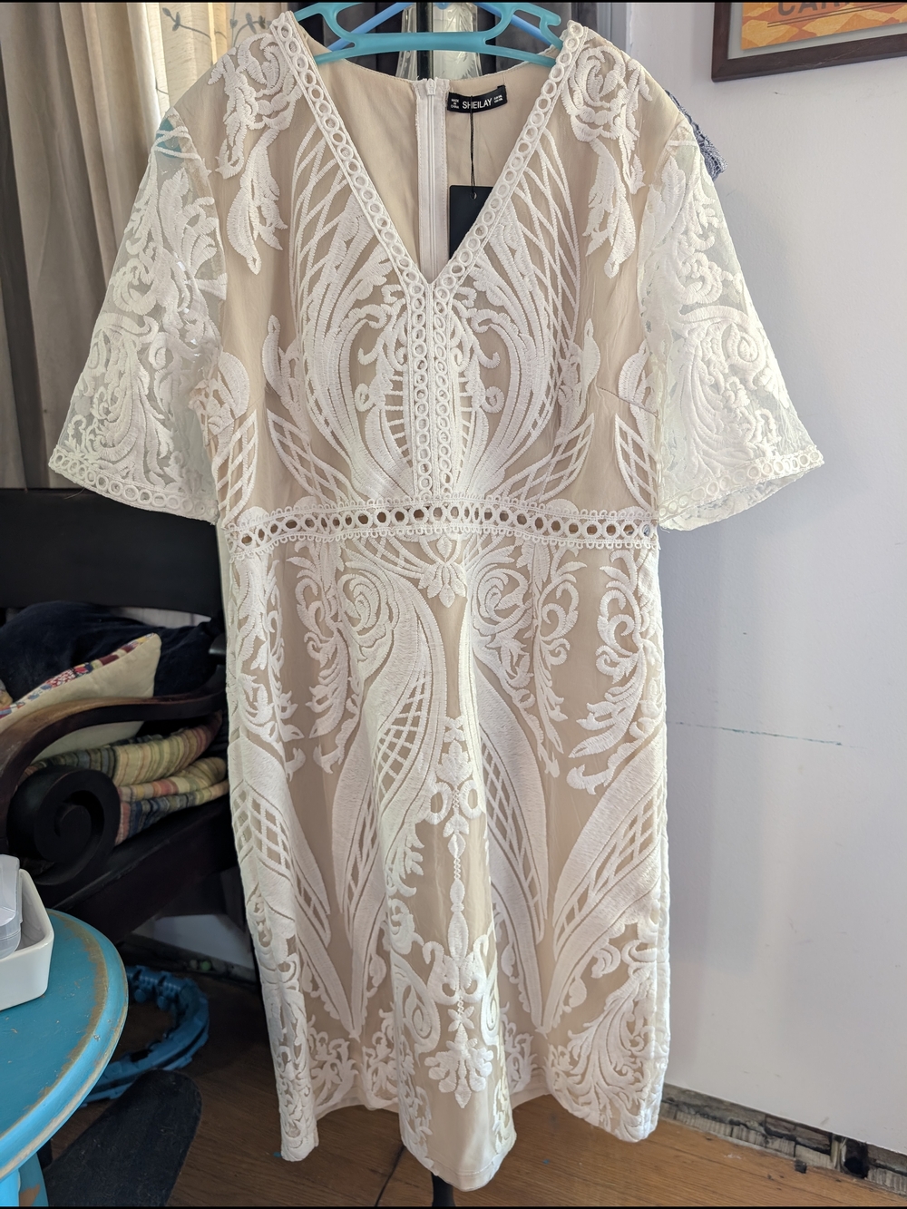 Sheer Embroidered V-Neck Midi Dress in Cream and White